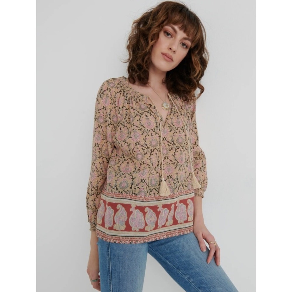 Lucky Brand Top Womens Size Small Tan Floral Paisley Border Print Tasseled Boho